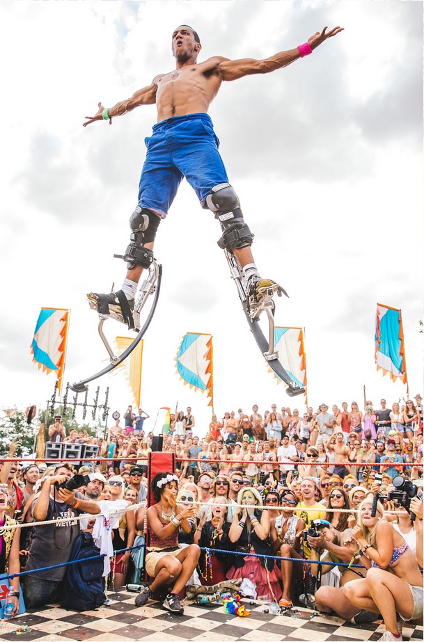 B-Boy Bouncy jumping above the audience on the Dance Off stage at The Secret Garden Party festival